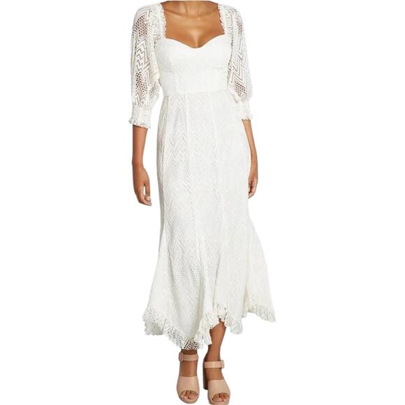 Anthropologie Hutch You Are a Vision Crochet Midi Dress Puff Sleeve White 22 - Picture 1 of 6